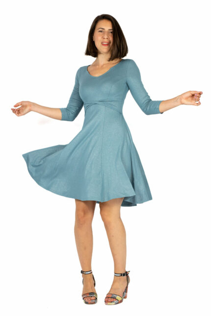 Schwingendes Tanzkleid Sabina mit Dreiviertel-Arm und Wendegürtel in blau